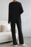 Black Casual Threaded V Neck Long Sleeve tops and Straight Leg Pants Knitted Two Pieces Matching Sets