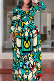 Yellow National Totem Print O Neck Long Sleeve Pocket Casual Outing Plus Size Straight Loose Maxi Dress