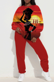 Red Sportwear Casual Figure Print Round Neck Long Sleeve Sweatshirt and Pants Two Pieces Sweatsuit Sets