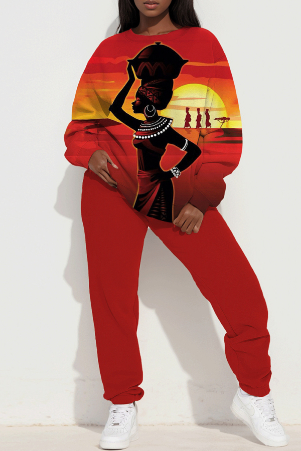 Red Sportwear Casual Figure Print Round Neck Long Sleeve Sweatshirt and Pants Two Pieces Sweatsuit Sets
