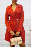 Black Turn-back Collar 3/4 Sleeve Waist Chain Decor Side Pleated Hem Office Wear Blazer Mini Dress
