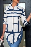 White Blue Casual Abstract Print Slit Button up Turndown Collar Long Sleeve Tops Shirts