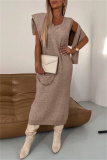 Camel Turtleneck Long Sleeve Tops and Vest Dress Fall Winter Sweater Two Pieces Sets