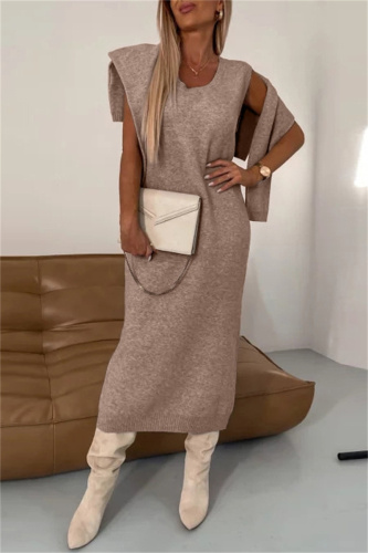 Camel Turtleneck Long Sleeve Tops and Vest Dress Fall Winter Sweater Two Pieces Sets