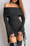 Black Off-Shoulder Bell Sleeve Ruched Drawstring BodyconRibbed Knit Mini Dress