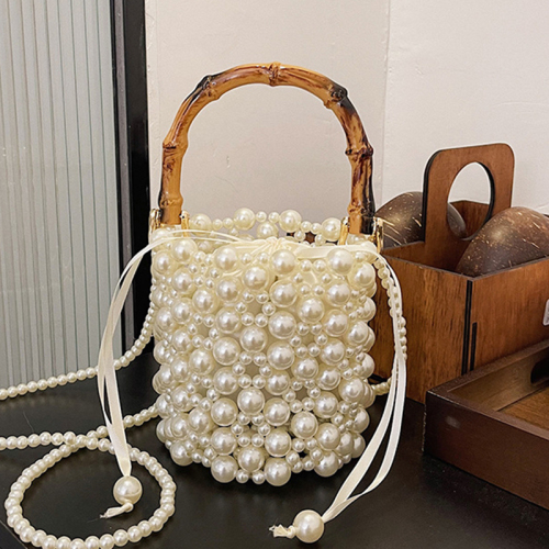 Off-white Casual Pearls Decor Woven Handbag Crossbody Bag