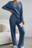 Black Casual Threaded V Neck Long Sleeve tops and Straight Leg Pants Knitted Two Pieces Matching Sets