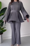 Purple Ruched Belted Round Neck Long Flare Sleeve Ruffled Hem Tops and Straight Leg Pants Two Pieces Sets