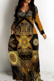 Light Khaki Graphic Floral Print O Neck Long Sleeve Floor Length Casual Outings Loose Boho Maxi Dress