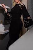 Black Long Wide Sleeve with Floral Appliqué Cutouts Fishtail Patry Gown Formal Evening Asymmetrical Ruffle Hem Bodycon Maxi Dress