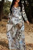 Blue Grey Butterfly Leopard Print V Neck Long Sleeve Casual Outings Vacation Straight Loose Boho Maxi Dress