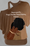Brown Loose Casual Figure Print Oblique Collar One Cold Shoulder Short Sleeve T-Shirts Tops