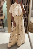 White Vacation Cut Out Buttons Turndown Collar Half Sleeve Tops and Belted Wide Leg Pants Two Pieces Sets