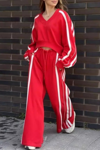 Black Casual Stripe V Neck Long Sleeve Sweatshirts and Wide Leg Pants Two Pieces Sweatsuits Sets