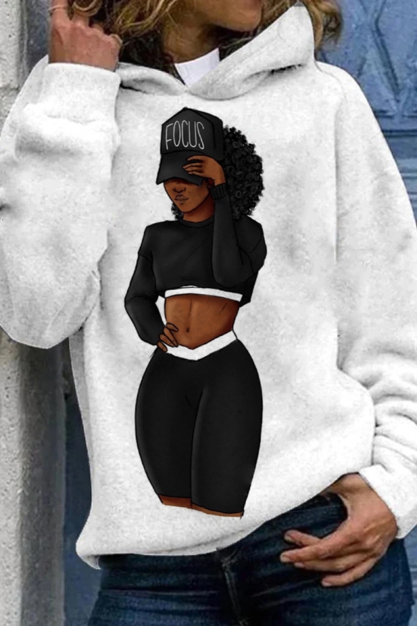 Light Orange Casual Figure Print Basic Hooded Long Sleeve Tops Fall Winter Sweatshirts