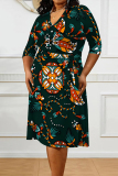 Red Graphic Floral Print V Neck 3/4 Sleeve Lace Up Casual Outing Vacation Straight Loose Maxi Dress