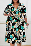 Red Graphic Floral Print V Neck 3/4 Sleeve Lace Up Casual Outing Vacation Straight Loose Maxi Dress