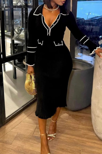 White Button Collar Long Sleeve Buttons Ruffled Hem Bodycon Knit Long Sweater Dress