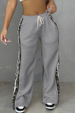 Apricot Side Leopard Print Patchwork Mid Waist Straight Loose Drawstring Wide Leg Pant Sportwear Bottom