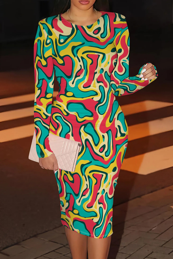 Red Yellow Graphic Letter Print O Neck Long Sleeve Casual Outing Bodycon Pencil Midi Dress