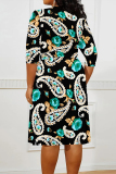 Red Graphic Floral Print V Neck 3/4 Sleeve Lace Up Casual Outing Vacation Straight Loose Maxi Dress