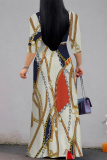 Light Beige Floral Chain Print V Neck 3/4 Sleeve Lace Up Casual Outing Straight Loose Maxi Dress