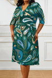Red Graphic Floral Print V Neck 3/4 Sleeve Lace Up Casual Outing Vacation Straight Loose Maxi Dress
