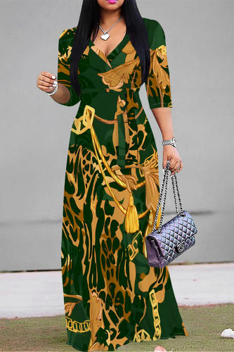 Light Beige Floral Chain Print V Neck 3/4 Sleeve Lace Up Casual Outing Straight Loose Maxi Dress