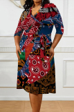 Red Graphic Floral Print V Neck 3/4 Sleeve Lace Up Casual Outing Vacation Straight Loose Maxi Dress