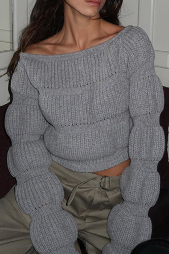 Grey Off Shoulder Lantern Sleeve Straight Pullover Knit Sweater Fall Winter Cardigan Outerwear
