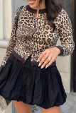 Leopard Print O Neck Long Sleeve Knit Jacket Fall Winter Cardigan Outerwear