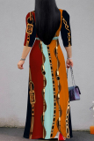Light Beige Floral Chain Print V Neck 3/4 Sleeve Lace Up Casual Outing Straight Loose Maxi Dress