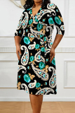 Red Graphic Floral Print V Neck 3/4 Sleeve Lace Up Casual Outing Vacation Straight Loose Maxi Dress