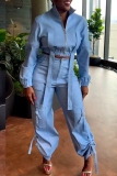 Sky Blue Casual Sportswear Pocket Buttons Zipper Collar Long Sleeve Jacket and Cargo Pants Two Pieces Matching Sets