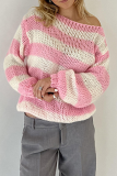 Blue Loose Casual Letters Striped Weave Contrast Oblique Collar Long Sleeve Fall Winter Sweater Tops
