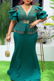 White Deep V Neck Ruffled Layered Sleeve Gold-Tone Belt and Fringe Trim Flared Mermaid Formal Evening Maxi Dress