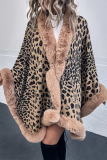 Khaki Street Elegant Leopard Fur Trim Long Sleeve Outerwear Fall Winter Cape Cardigan Cloaks
