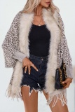 Apricot Casual Leopard Cardigan Fringed Hem Long Sleeve Outerwear Fall Winter Sweater Cardigon Cloaks Shawls