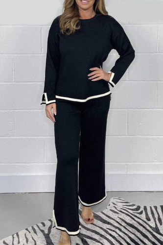 Black Casual Stripe Trim Patchwork Slit Round Neck Long Sleeve Tops and Wide leg Pants Knitted Two Pieces Matching Sets