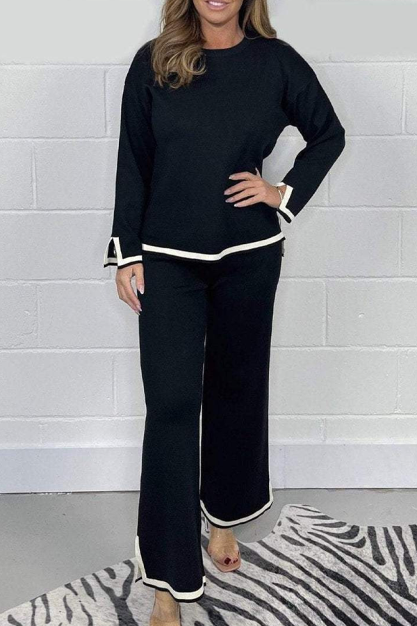 Black Casual Stripe Trim Patchwork Slit Round Neck Long Sleeve Tops and Wide leg Pants Knitted Two Pieces Matching Sets