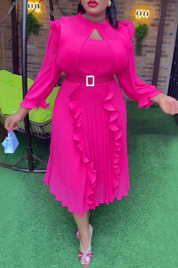 Rose Red Keyhole Neck Cut-Out Puff 3/4 Sleeve Rhinestone Buckle Fitted Waist Ruffle Trim Pleated Hem Formal Party Plus Size Wedding Guest Midi Dress