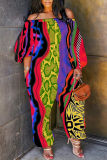Multicolor Loose Casual Abstract Zebra Leopard Print Off Shoulder Long Sleeve Overall Jumpsuits