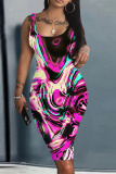 Red Floral Leopard Print Sleeveless U Neck Knee Length Casual Outing Bodycon Vest Midi Dress