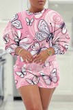 White Grey Casual Snowflake Floral Butterfly Print Round Neck Long Sleeve Sweatshirts and Shorts Two Pieces Sets