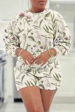 White Grey Casual Snowflake Floral Butterfly Print Round Neck Long Sleeve Sweatshirts and Shorts Two Pieces Sets
