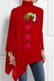 Red Casual Lantern Santa Hat Print Asymmetrical Hem Sequins Turtleneck Long Sleeve Loose Tops Blouses