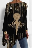 Black Brown Loose Casual Christmas Santa Figure Print Asymmetrical Hem Round Neck Long Sleeve Tops Blouses