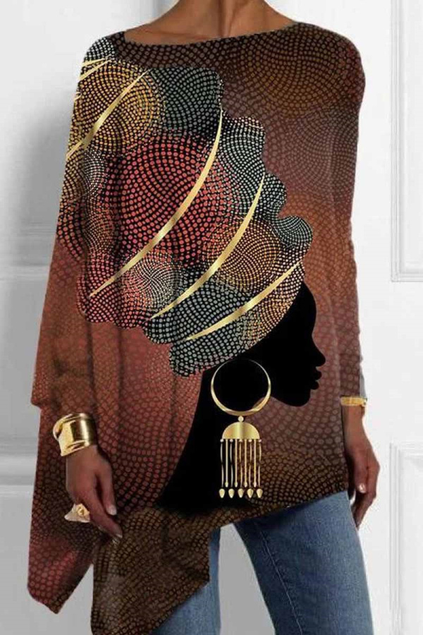 Orange Loose Casual Letter Figure Print Asymmetrical Hem Round Neck Long Sleeve Tops Blouses