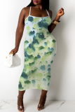 White Khaki Floral Print Sleeveless Backless Spaghetti Strap Casual Outing Vacation Bodycon Midi Slip Dress