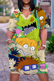 Leopard Floral Print V Neck Short Sleeve Casual Outing Straight Loose T Shirt Midi Dress